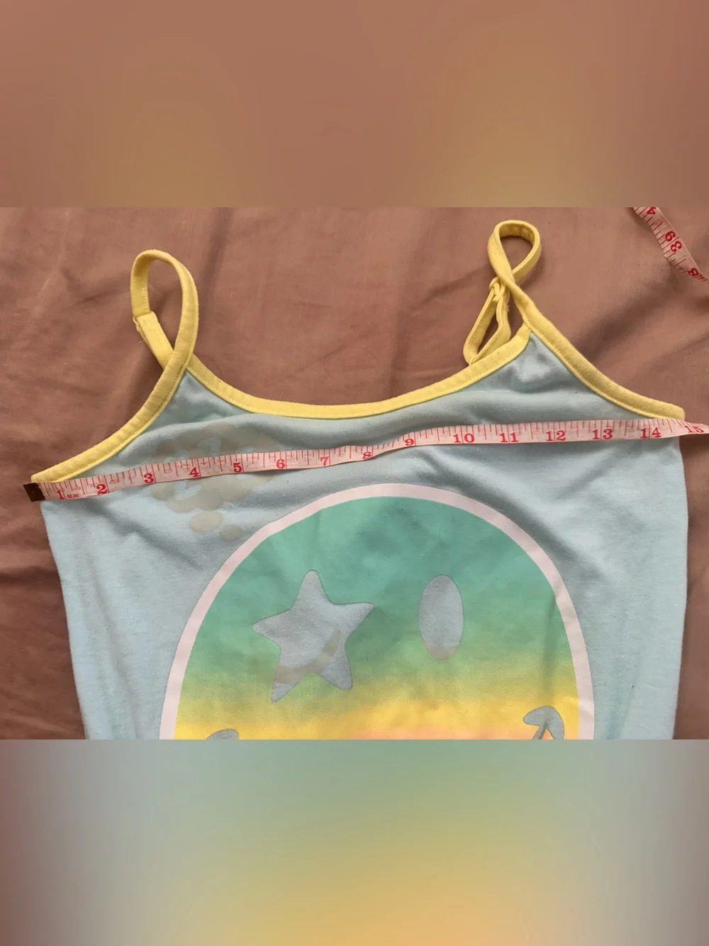 Light Blue Graphic Smiley Romper with Neon Tassled Trim | Size 12
